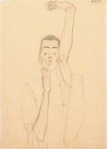 举起手臂，红嘴的年轻人；举起左臂和红色嘴巴的自画像，1909年 作者 埃贡·席勒（Egon Schiele）
