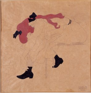 黑丝带红头发的年轻女孩，穿上鞋子，1909年 作者 埃贡·席勒（Egon Schiele）