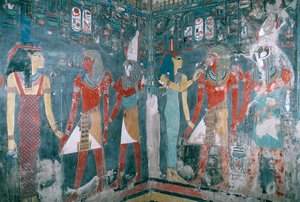 埃及，底比斯，卢克索，帝王谷，霍伦希布墓，壁画，描绘伊希斯女神和荷鲁斯神之间的霍伦希布，新王国，第十八王朝 作者 埃及第十八王朝