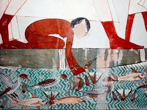 埃及艺术。门纳墓。鱼的场景，细节。一个裸体女仆采摘莲花（第18王朝） 卢克索壁画（底比斯遗址，Sheikh Abd al-Gournah（古尔奈），尼罗河左岸，埃及。 作者 埃及第十八王朝