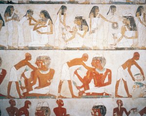葬礼盛宴，男女佩戴珠宝，壁画，雷克米尔墓（TT100），谢赫-阿卜杜勒-库尔纳，底比斯（联合国教科文组织世界遗产名录 作者 埃及第十八王朝