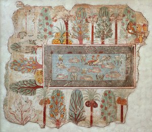 私人庄园的花园，有一个装饰性的游泳池，壁画的一部分，来自Nebamun墓，底比斯，新王国，公元前1350年（彩绘石膏） 作者 埃及第十八王朝