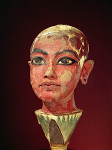 从图坦卡蒙墓（公元前1373-1352）新王国（粉刷和彩绘木）出现的莲花的孩子的头像（参见149406）