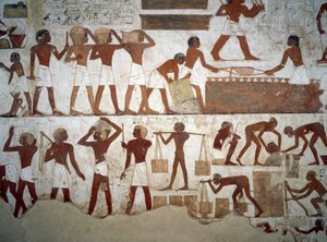 工作中的男人，雷克米尔墓中的壁画细节，卢克索的Sheikh Abd el Qurnah Necropolis，底比斯（联合国教科文组织世界文化遗产名录）。 作者 埃及第十八王朝