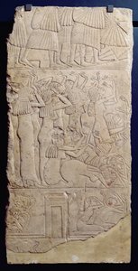 埋葬期间的哀悼场景，来自新王国Sakkara，公元前1330年（石灰岩）