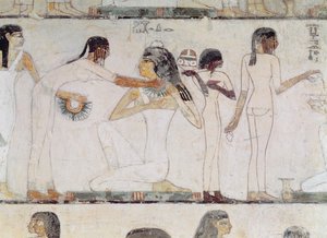 Noblewomen的厕所，来自Rekhmire墓，Tuthmosis III和Amenhotep II，新王国（壁画） 作者 Egyptian 18th Dynasty