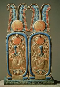 从Tutankhamun（公元前1370-52）新王国（镀金木镶嵌玻璃浆）的双重皇家漩涡花饰形式的Unguent盒子