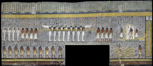 Egypt, Thebes, Luxor, Valley of the Kings, Tomb of Ramses I, mural painting of Ra in solar bark in burial chamber from 19th dynasty 作者 埃及第19王朝