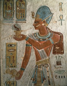 Egyptian Antiquit: Pharaoh Ramses I (1320-1310 BC) represents burning incense and pouring water at a ceremony. Volume of Ramses I, Valley of the Kings, Egypt 作者 埃及第19王朝