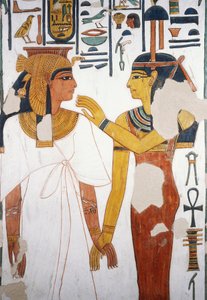 奈菲尔塔利会见伊希斯女神，壁画，第四根柱子的北向正面，墓室，奈菲尔塔利墓（QV66），皇后谷，底比斯（联合国教科文组织世界文化遗产名录 作者 埃及第19王朝