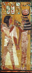 救济描绘女神哈索尔将魔法衣领放在Seti I（公元前139  -  1279年）新王国（彩绘石灰石） 作者 埃及第19王朝