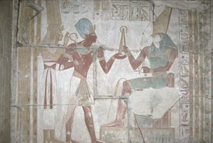 Isis的救济，将Sethos I（公元前1303-1290）呈现给新王国荷鲁斯（壁画） 作者 埃及第19王朝