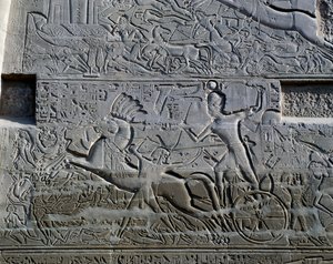 塞提一世在叙利亚和巴勒斯坦的战役，卡纳克神庙建筑群大柱厅北外墙浮雕（联合国教科文组织世界遗产名录 作者 埃及第19王朝