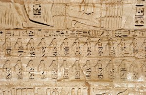 Egyptian antiquite: detail of the reliefs of the first pylon representing the emblems of the cities conquered by Pharaoh Ramses III. Funeral Temple of Ramses III (1187-1156 BC). Luxor, Medinet Habou, Egypt 作者 埃及第20王朝