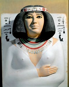 Egyptian Antiquiity: Nofret, wife of the high priest of Heliopolis and prince of Pe Rahotep. Painted limestone sculpture detail. 4th dynasty. From the mastaba of Rahotep to Meidoum. Egyptian Museum, Cairo.
