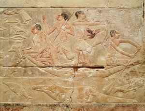 救济描绘船上的男人，从公主Idut，旧王国墓，公元前2330年（绘石灰石）