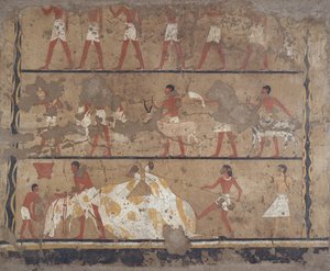 牛群饲养、屠宰、祭品和牺牲的场景，伊蒂和尼夫鲁墓（壁画） 作者 埃及第六王朝