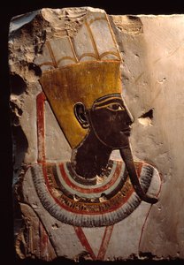 Egyptian antiquite: detail of a painting on limestone depicting the fertility god Amon Min (Amon-Min). Luxor, Egyptian Art Museum 作者 埃及人埃及人