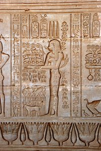 埃及古物：代表一位年轻女子为女神献祭，哈索尔神庙，丹德拉，埃及 作者 Egyptian Ptolemaic Period