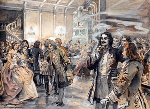 彼得大帝（Pierre le grand）宫廷的复活节庆祝活动 - Peinture de Elena Petrovna Samokish Sudkovskaya (Samokish-Sudkovskaya)(1863-1924) - 纸板上的水彩、水粉画，25.38x35 - 私人收藏