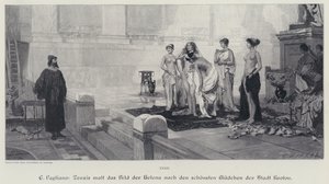 Ancient Greek artist Zeuxis choosing from the most beautiful women of the city of Crotone the model for his painting of Helen of Troy (engraving) 作者 Eleuterio Pagliano