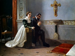 比安卡-卡佩罗和弗朗索瓦一世-美第奇（1541-1587）（Francesco Primo I de Medici）在十字架前祈祷（布面油画）。 作者 Eleuterio Pagliano