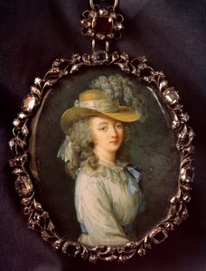 Jeanne Becu 的肖像，Countess (or Madame) du Barry (1743-1793) 象牙上的微型绘画归功于 Nicolas Lawreince (Le Jeune) (1737-1807) by Elisabeth Louise Vigee-Le Brun (1755-1842) Sun。 0.16x0.12 米。