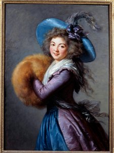 莫尔-雷蒙德夫人（1759-1833）的肖像，意大利喜剧团的女演员 她戴着一顶羽毛帽，戴着袖子。玛丽-伊丽莎白-路易丝-维吉-勒布伦（或维吉-勒布伦或维吉-勒布伦）（1755-1842）1786年画的太阳。1,04x0,76米--肖像画o 作者 伊丽莎白·路易丝·维吉·勒布朗