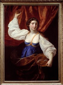 自由 一个年轻女子拿着一个装满黄金和珠宝的托盘。 Elisabetta Sirani (1638-1665) 17 世纪尼姆的绘画，美术博物馆