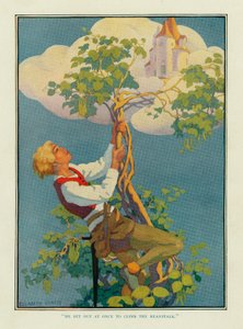 他马上出发去爬豆茎，摘自斯托克的《童话奇书》，出版。1917. 作者 伊丽莎白·柯蒂斯。