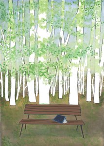 森林中的长椅，2017（水彩和拼贴画） 作者 伊丽莎白·里德