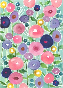 水色背景上盛开的罂粟花，2018 年（水彩画）