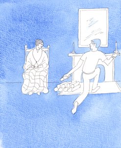 看望母亲并帮助她的男人才是真正的爱，2005 年（纸上水彩画） 作者 伊丽莎白王