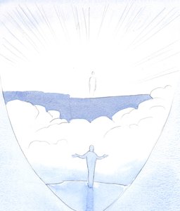 在我们死后的“门口”之后，基督邀请了一位爱他的人走出去，越过深渊，确信自己会被载着，2001年（纸上写有水） 作者 伊丽莎白王