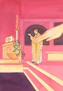 当牧师伸出手来祝福字体中的水时，在复活节时，父神伸出手触摸了水，2002年（纸上水） 作者 伊丽莎白王