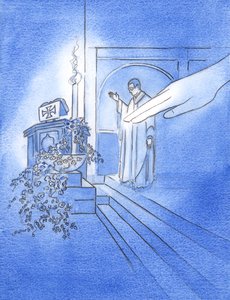 当牧师伸出手来祝福字体中的水时，在复活节时，父神伸出手触摸了水，2002年（纸上水） 作者 伊丽莎白王