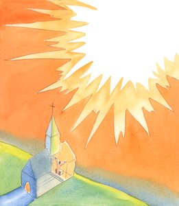 当我们聚集在教堂里做弥撒时，我们可以确信基督本人将与我们同在，在所有圣徒和天使的见证下，从我们的圣所向天父献上无愧的赞美，2005 年（纸面水彩画） 作者 伊丽莎白王