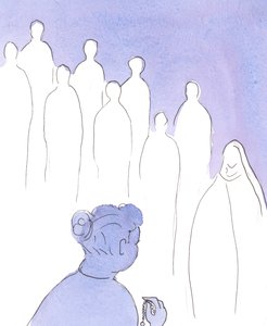 当我们祈祷念珠时，圣徒们加入了“冰雹玛丽”的前半部分，与我们一起祈祷以纪念圣母并荣耀她的儿子耶稣。（纸上w - c），2004年 作者 伊丽莎白王