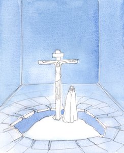 我们的救世主耶稣基督在每次弥撒时，都会在我们的圣所为我们祈祷他在髑髅地受难时所作的祷告："天父，宽恕他们"，2005 年（纸面水彩画） 作者 伊丽莎白王