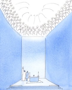 父神在天堂被圣徒们围绕着，他们分享着父神的喜悦，2005 年（纸面水彩画） 作者 伊丽莎白王