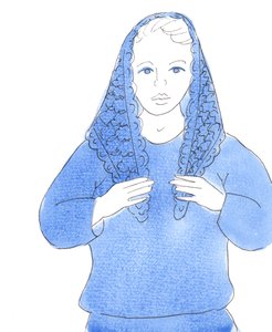 主让我画一幅妇女按照古代习俗在教堂戴头巾的画，2004 年（纸面水彩画） 作者 伊丽莎白王