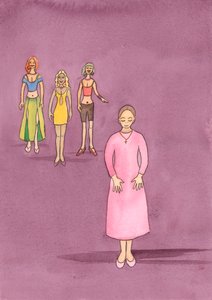 主请妇女们按照圣经的建议，以谦逊的方式着装，从而帮助培养自己和他人的贞洁，2004 年（纸面水彩画） 作者 伊丽莎白王