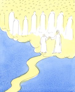 在基督的带领下，爱着基督和她的邻居而一直坚持到底的有福灵魂，在基督的带领下与天上的朋友会面，他们聚集在一起欢迎她加入自己的公司，2004年 作者 伊丽莎白王