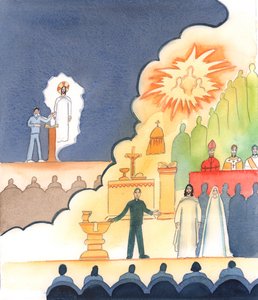 在为询问者举办的公开讲座上，演讲者讲述了他们与耶稣的个人友谊，这种友谊因他们在《圣经》中读到的内容而得到加强，2005 年（纸面水彩画） 作者 伊丽莎白王