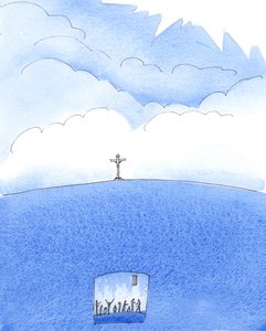 那些在罪孽深重的人生结束时拒绝悔改的人无法升入天堂，而必须 "坠落 "到地狱，2005 年（纸上水彩画） 作者 伊丽莎白王