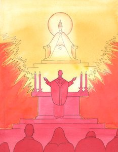 当牧师和人们在弥撒时朝着同一方向前进时，他们都朝着父神在一起，通过基督赞美他。，2004年（纸上w - c） 作者 伊丽莎白王