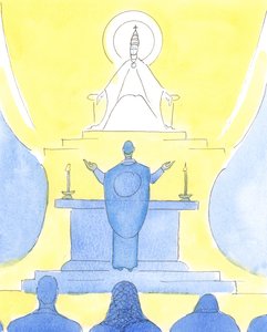 当牧师和人们在弥撒时朝着同一方向前进时，他们都朝着父神在一起，通过基督赞美他。，2004年（纸上w - c） 作者 伊丽莎白王