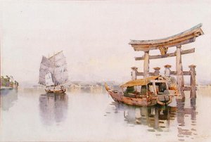 日本宫岛严岛神社入口处的鸟居（纸上水彩画）