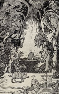 1912年出版的第三件礼物是巨大的锤子，来自“许多地方的神话”的插图