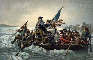 1776 年 12 月 25 日，乔治·华盛顿在美国独立战争期间穿越特拉华州 (chromolitho) 作者 伊曼纽尔·戈特利布（后）洛伊兹